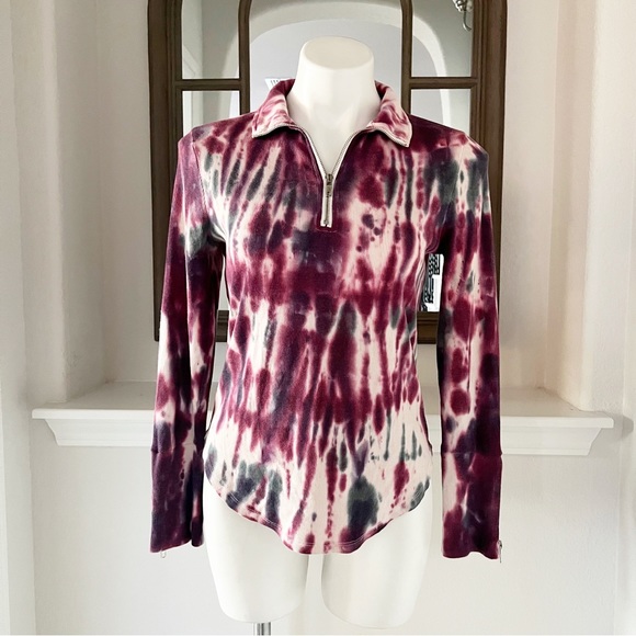 Chaser Tie Dye Sweatshirt Quarter Zip Burgundy Cream Pink Top Size XS - Picture 3 of 14
